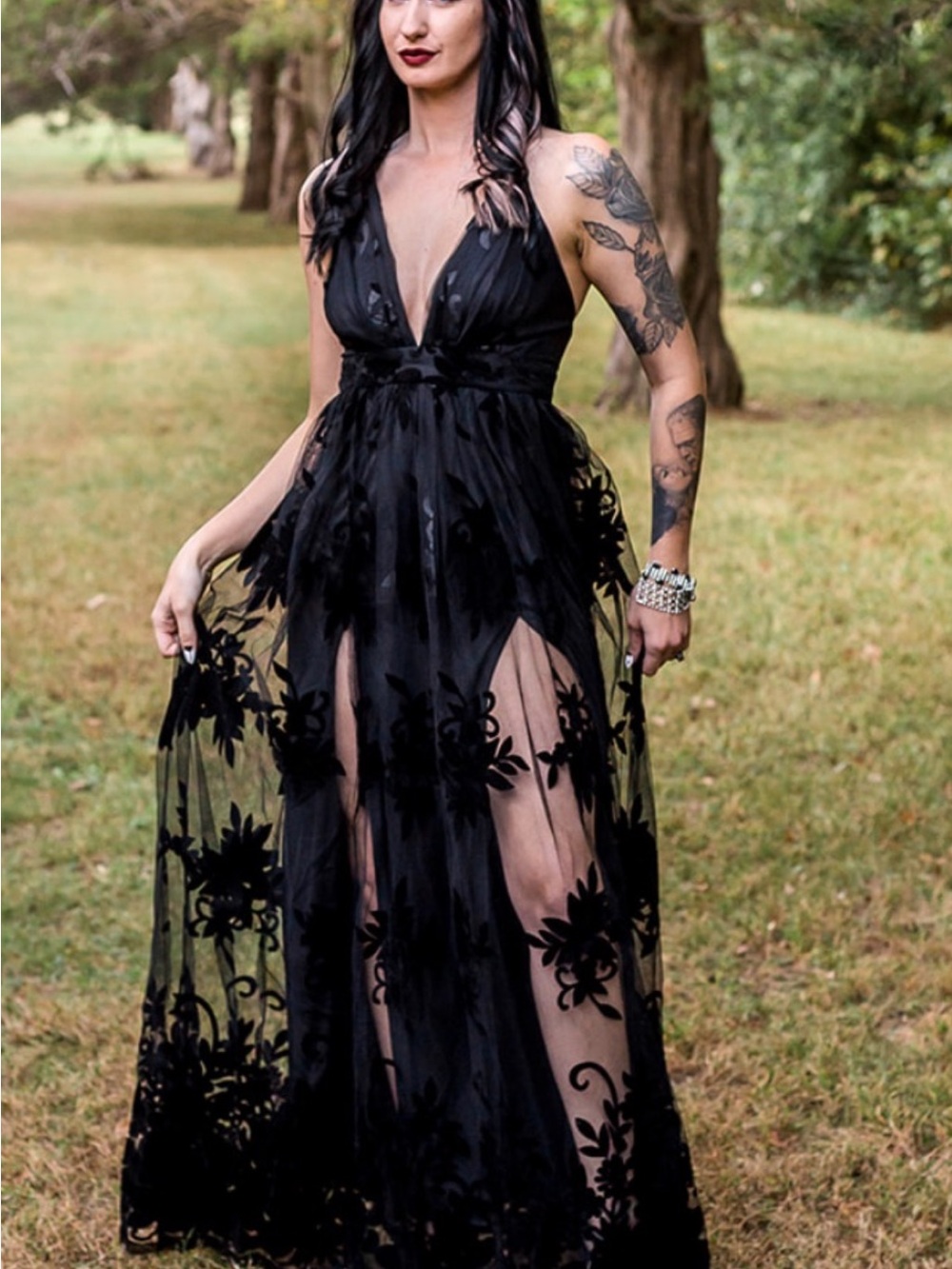 Sheer Black Floral Applique Maxi Dress